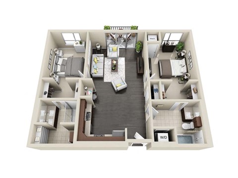 Floor plan for 2 beds, 2 baths, 1043 sqft